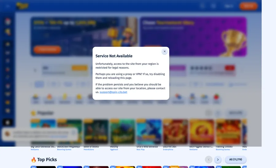 A modal over the Spin.City homepage reading Service Not Available: access to the site from your region is restricted for legal reasons