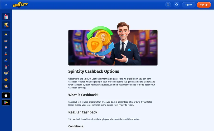 Spin.City weekly cashback page