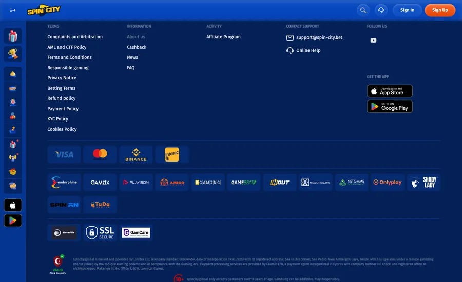 The Spin.City footer: policy links, Visa, Mastercard, Binance and Interac logos, and a paragraph of company details
