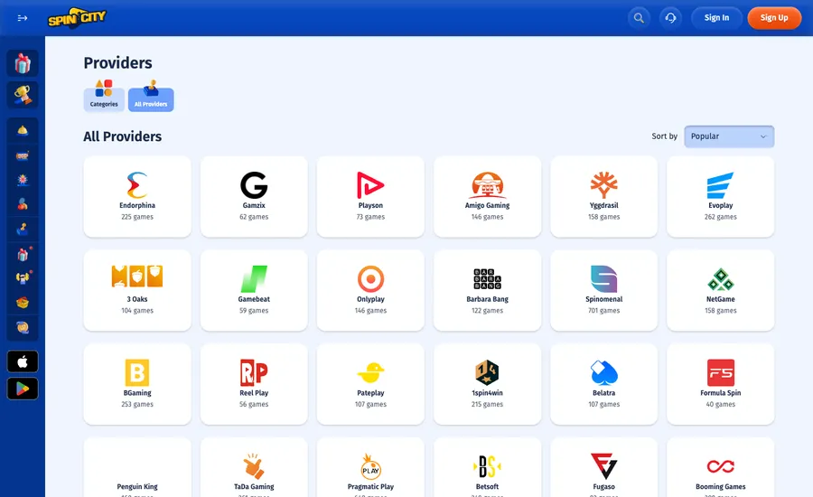 Spin.City provider directory showing studio tiles each with a game count underneath