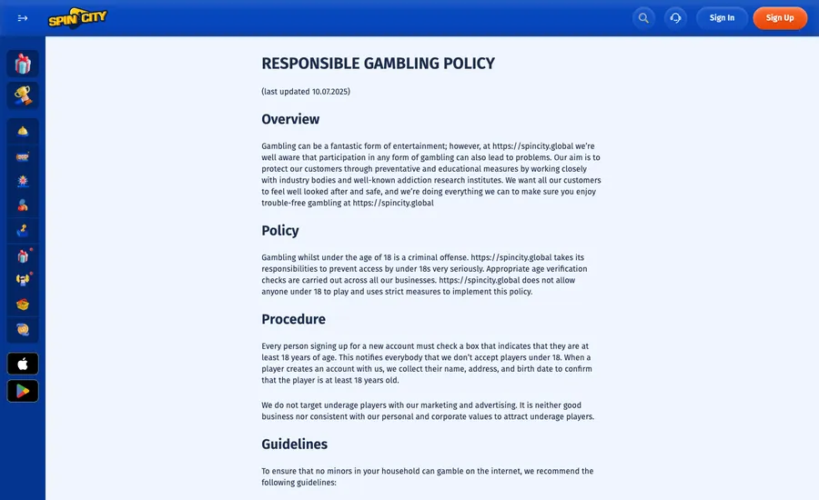 Spin.City responsible gaming page listing time-out and self-exclusion periods