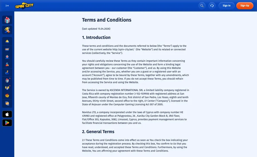 Spin.City terms and conditions page, English text, last updated April 2026